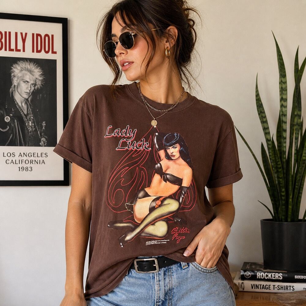 Lady Luck Pin Up Graphic Tee Jerzees Brown Y2K Biker Rockabilly T Shirt M Unisex